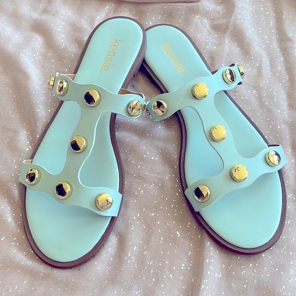 Brand New Kensie Seafoam Mint Green Gold Tone Studded Slides Sandals - Picture 15 of 15